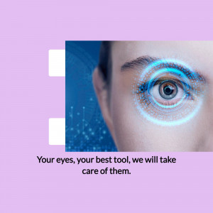 Close-up of an eye with digital effects and text promoting eye care.