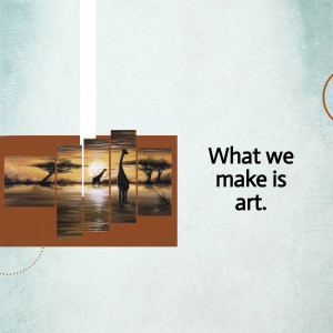 A multi-panel painting depicting giraffes silhouetted against a sunset in the African savanna.