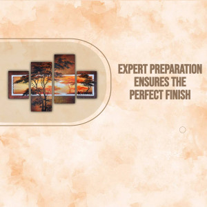 Four-panel wall art depicting a sunset tree scene with text 'Expert Preparation Ensures the Perfect Finish'