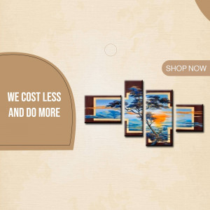 Four framed paintings depicting a sunset landscape with trees