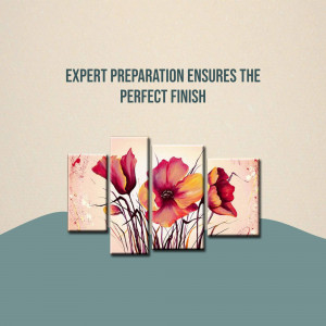 Four-panel floral artwork with red and yellow poppies on a beige background.
