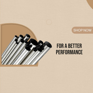 Close-up of stainless steel pipes with a promotional banner