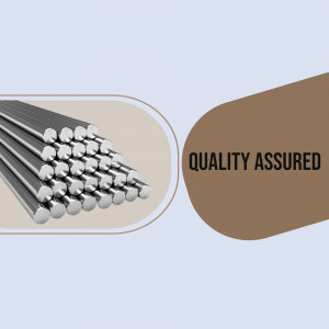 Close-up of steel rods with a quality assured badge