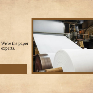 Large rolls of white paper being produced on a paper making machine in a factory.