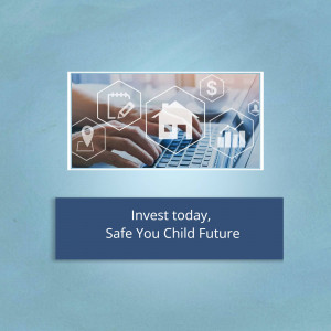 Laptop with financial icons and text promoting child future investment.