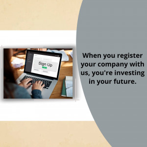 Laptop displaying a sign-up page with text about investing in your company's future.