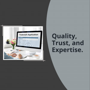 Laptop displaying a trademark application form with text 'Quality, Trust, and Expertise'