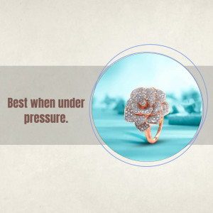 Close-up of a rose gold diamond flower ring on a light blue background