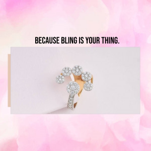 Close-up of a gold ring with multiple sparkling diamonds.