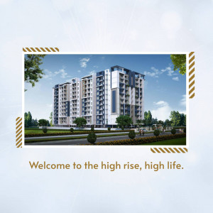 Architectural rendering of a modern high-rise apartment building with landscaping.