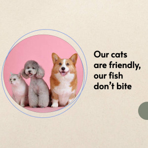 A group of pets including a cat, dog, and fish in a circular frame with text.