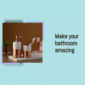 Stylish bathroom accessories including soap dispenser, toothbrush holder, and tumbler in copper and white.