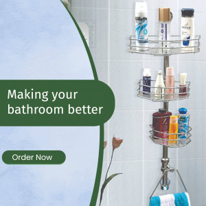 Stainless steel corner shelf filled with various bathroom products.