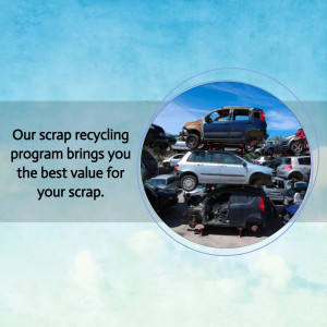 Pile of crushed cars at a scrap yard with text promoting recycling program.