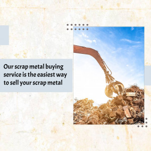 Image of a scrap metal claw lifting debris with text promoting a scrap metal buying service.