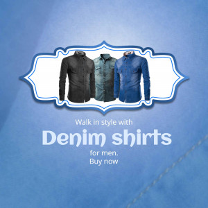 Three denim shirts in black, dark blue, and light blue displayed on a blue background with promotional text.