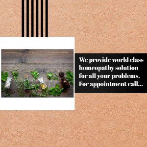 Homeopathy remedies with herbs and text promoting appointment booking.