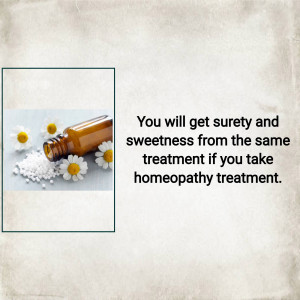 A bottle of homeopathic medicine and chamomile flowers with text promoting homeopathy.