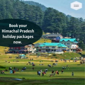 Scenic view of a hill station in Himachal Pradesh with text promoting holiday packages.