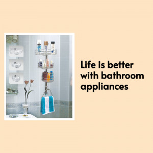 Silver corner shower caddy with toiletries and a blue towel, with text 'Life is better with bathroom appliances'