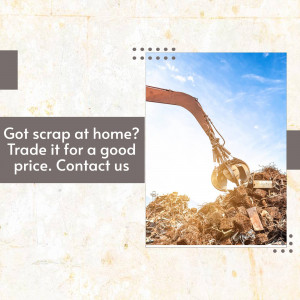 Excavator claw holding scrap metal with text promoting scrap metal recycling.