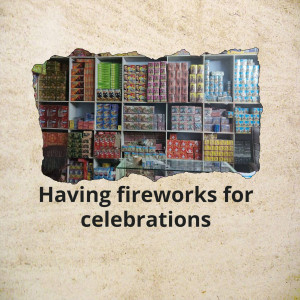 A wall with a hole revealing shelves stacked with colorful boxes of fireworks.