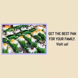 Close-up of colorful pan with text advertising for family purchase