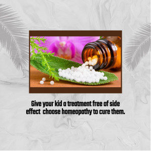 Homeopathic pills and bottle with a green leaf, promoting natural treatment for kids.