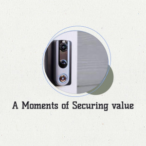 Close-up view of a smart door lock with a circular graphic overlay.