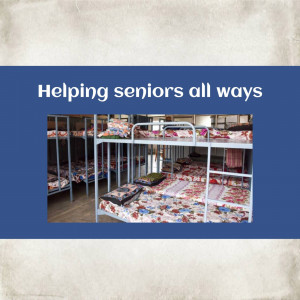 Image of bunk beds in a senior living facility with text 'Helping seniors all ways'
