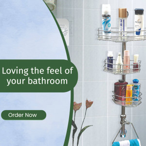 Silver corner shelf unit in a bathroom with toiletries