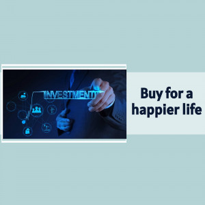 A person pointing at the word 'INVESTMENT' on a screen with the text 'Buy for a happier life'.