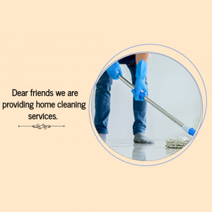 Person cleaning a floor with a mop, advertising home cleaning services.
