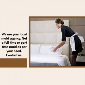 A maid making a bed in a hotel room, advertising a local maid agency.