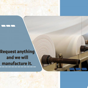 Rolls of paper on a manufacturing machine with text overlay