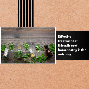 Homeopathic medicines and herbs on a wooden surface with text promoting affordable treatment.