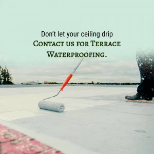 A person applying waterproofing material to a terrace with a dripping ceiling warning.