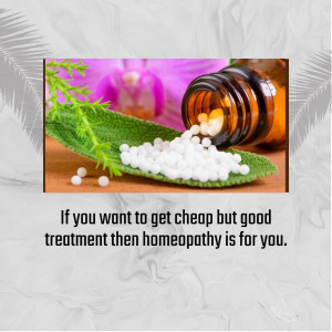 Homeopathic pills and green leaf with text promoting affordable treatment