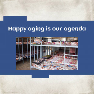 Bunk beds in a senior living facility with the text 'Happy aging is our agenda'