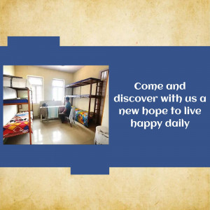 A dormitory room with bunk beds and a person sitting on a bed, with text promoting a hopeful lifestyle.