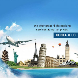 Image showcasing popular landmarks and an airplane, promoting flight booking services.