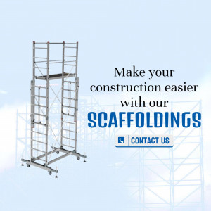 Silver aluminum rolling scaffolding with contact information.