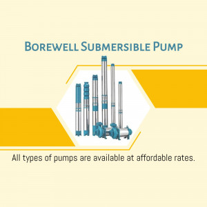 Image of various borewell submersible pumps with text promoting affordable rates.