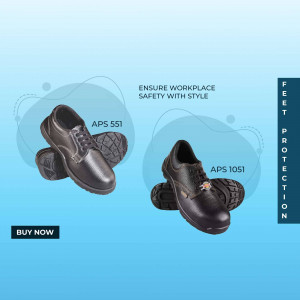 Two pairs of black safety shoes with steel toe protection on a blue background.