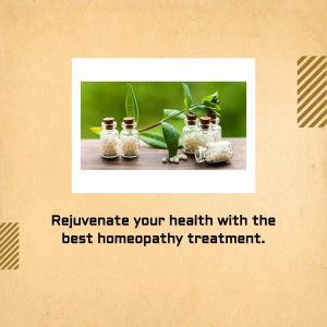 Small glass bottles with white pills and green leaves on a wooden surface with text promoting homeopathy.