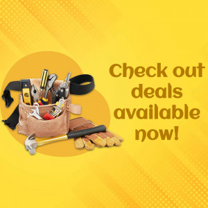 Tool belt with various tools and a hammer, advertising a deals promotion.