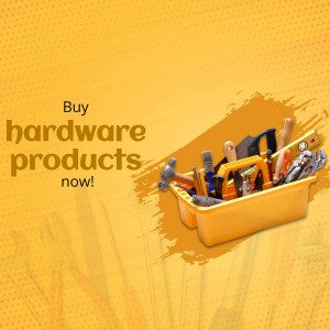 Assortment of hardware tools in a yellow toolbox with promotional text