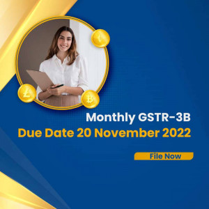 Image reminding users about the GST-3B due date of November 20, 2022, featuring a professional woman with a laptop and financial icons.