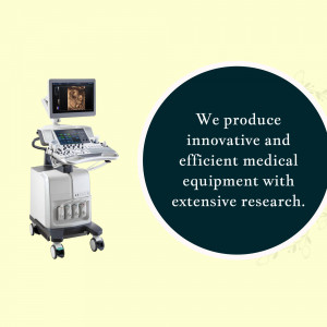 A medical ultrasound machine with a dark blue circular text overlay.