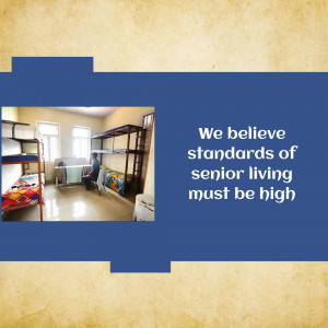 A room with bunk beds and a person standing in the doorway with text about high standards of senior living.